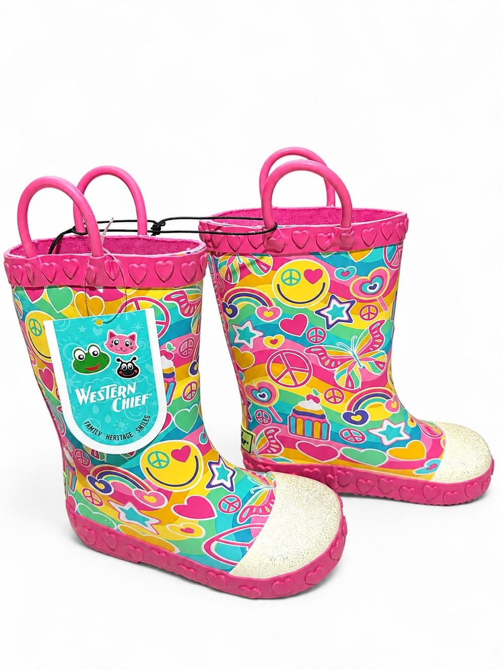 Western Chief Pink Multicolor Peace & Hearts Kids Rain Boots Size 7/8